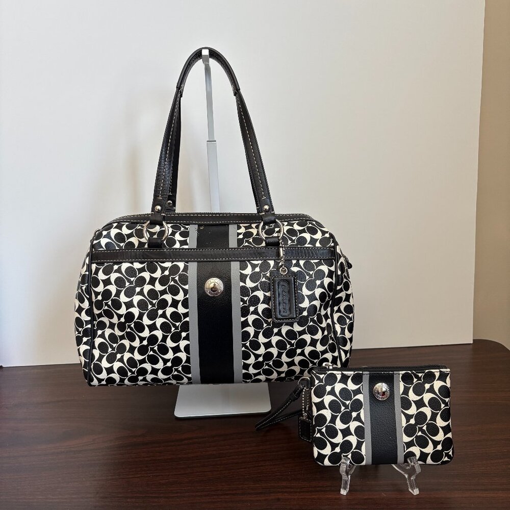 COACH F15132 Black White Heritage Signature Satchel Bag and Pouch Wristlet Chic